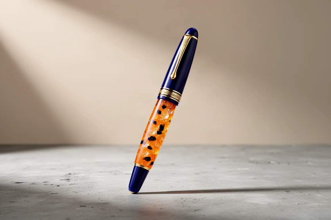 Leonardo Dolce Vita Fiore Parthenope fountain pen with orange resin barrel and deep blue cap