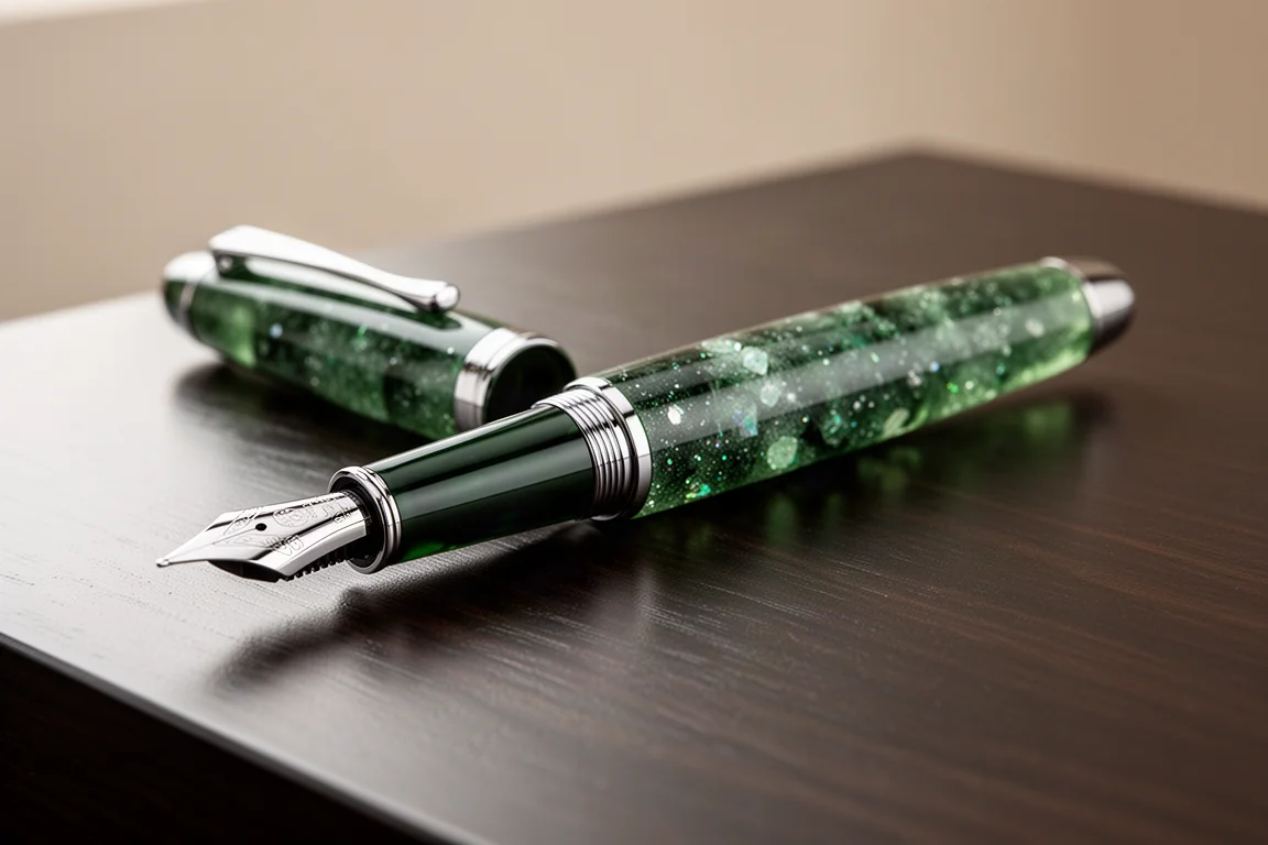 Penna stilografica in resina verde screziata senza cappuccio su una scrivania scura