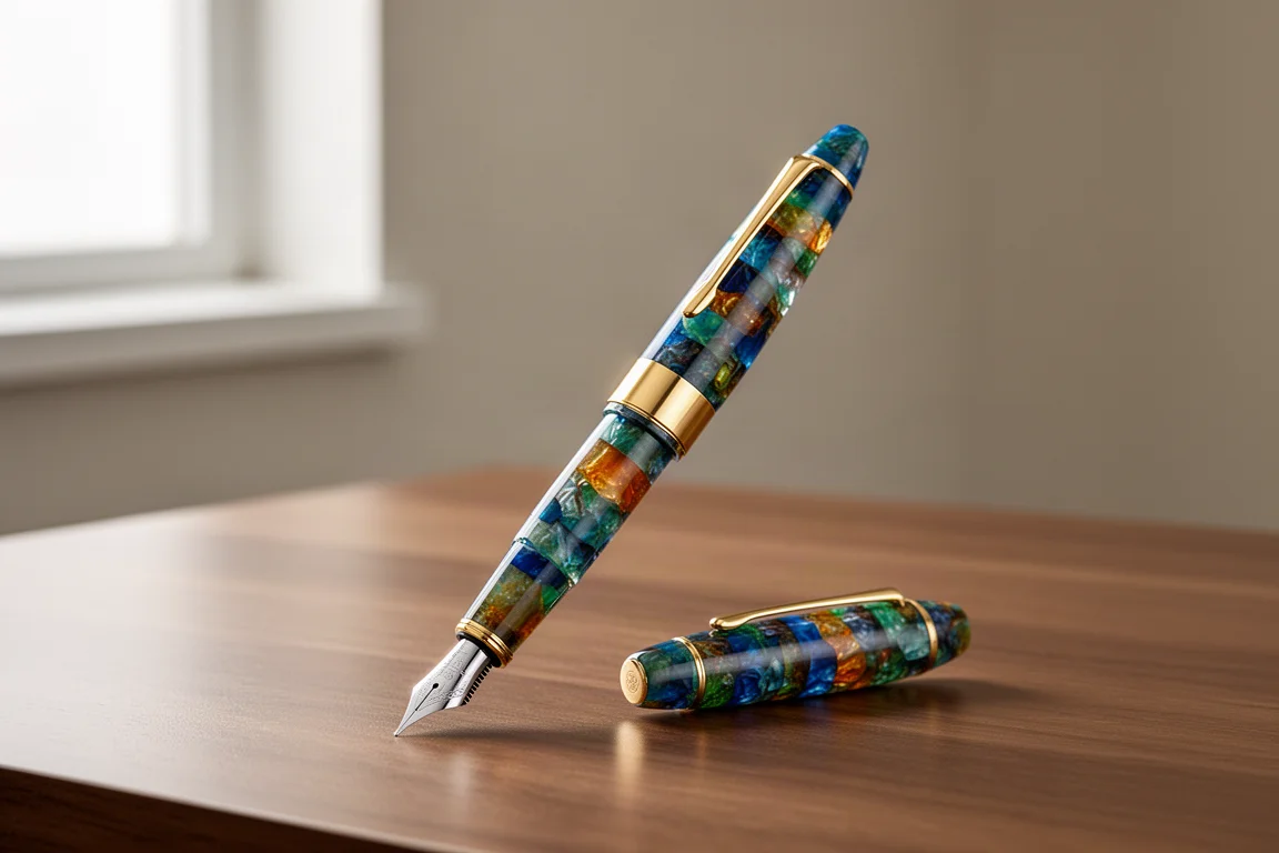 Resin fountain pen with colourful mosaico pattern and gold trim on a wooden desk