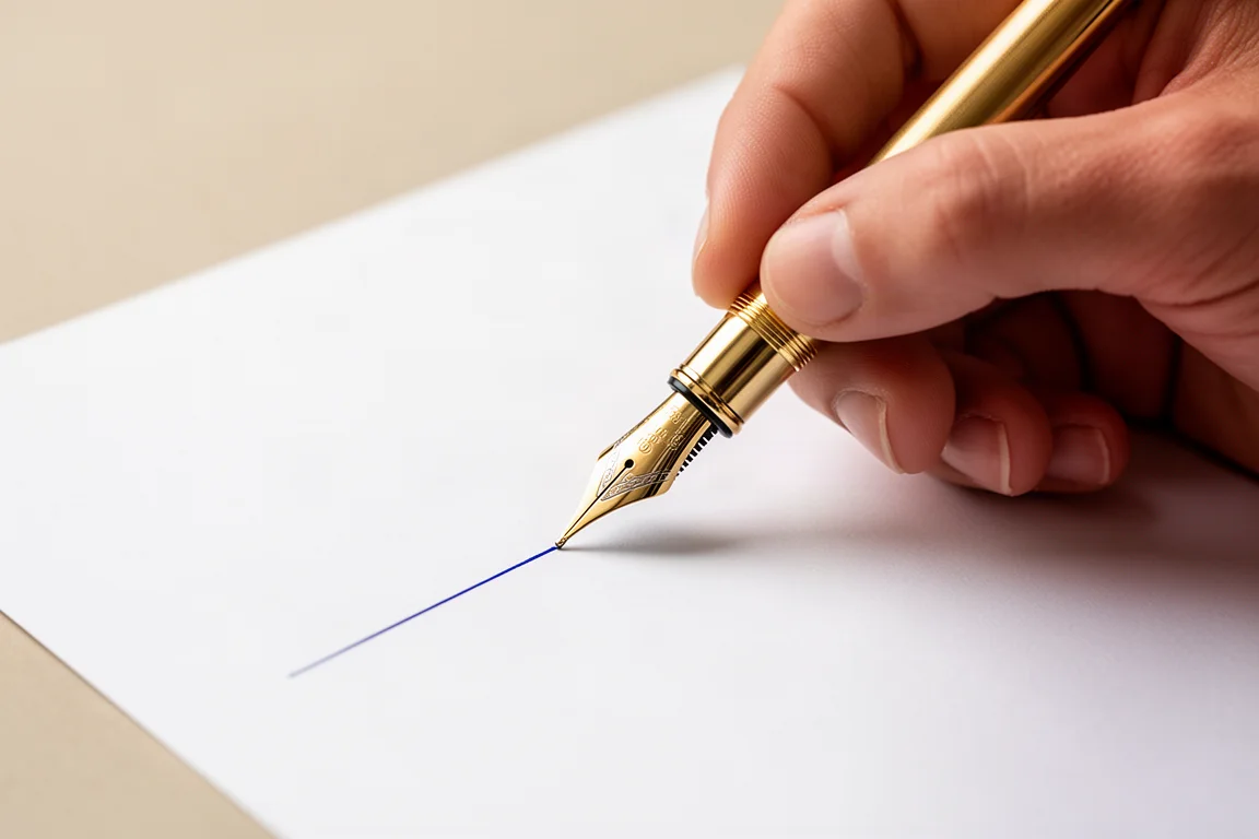 Mano escribiendo con una estilográfica de plumín fino sobre papel blanco con variación de trazo visible