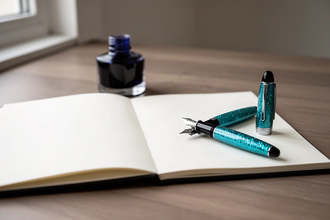 Escritorio de escritura con estilográfica, cuaderno y tintero bajo luz suave