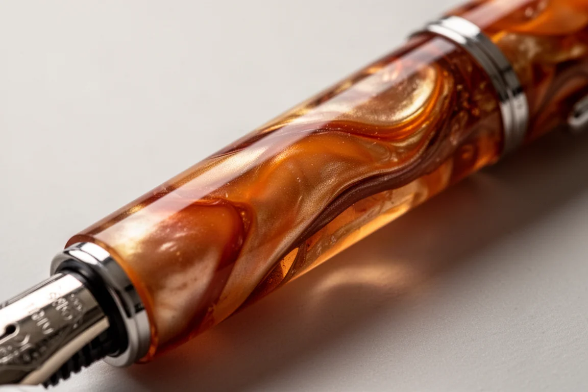 Close-up of pearlescent orange, brown, and gold resin with subtle swirling movement