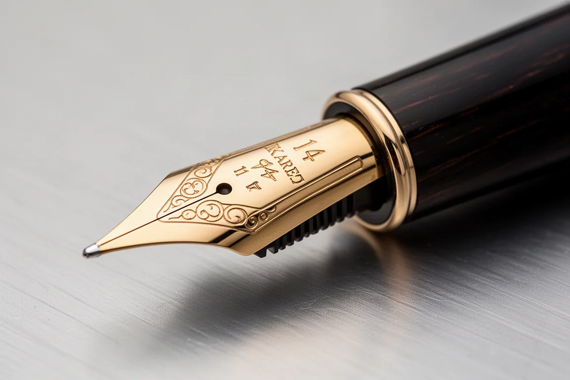 Detail view of a gold fountain pen nib with ebonite feed