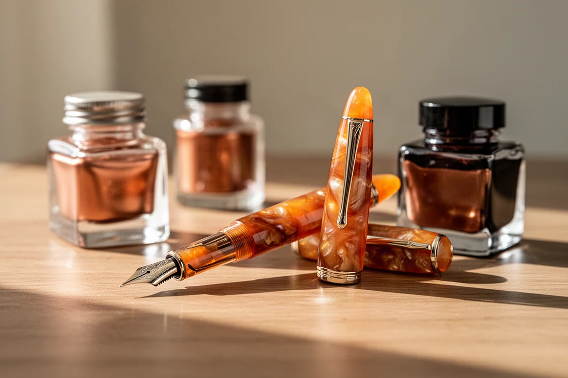 Fountain pen resting on a desk beside ink bottles in warm tones