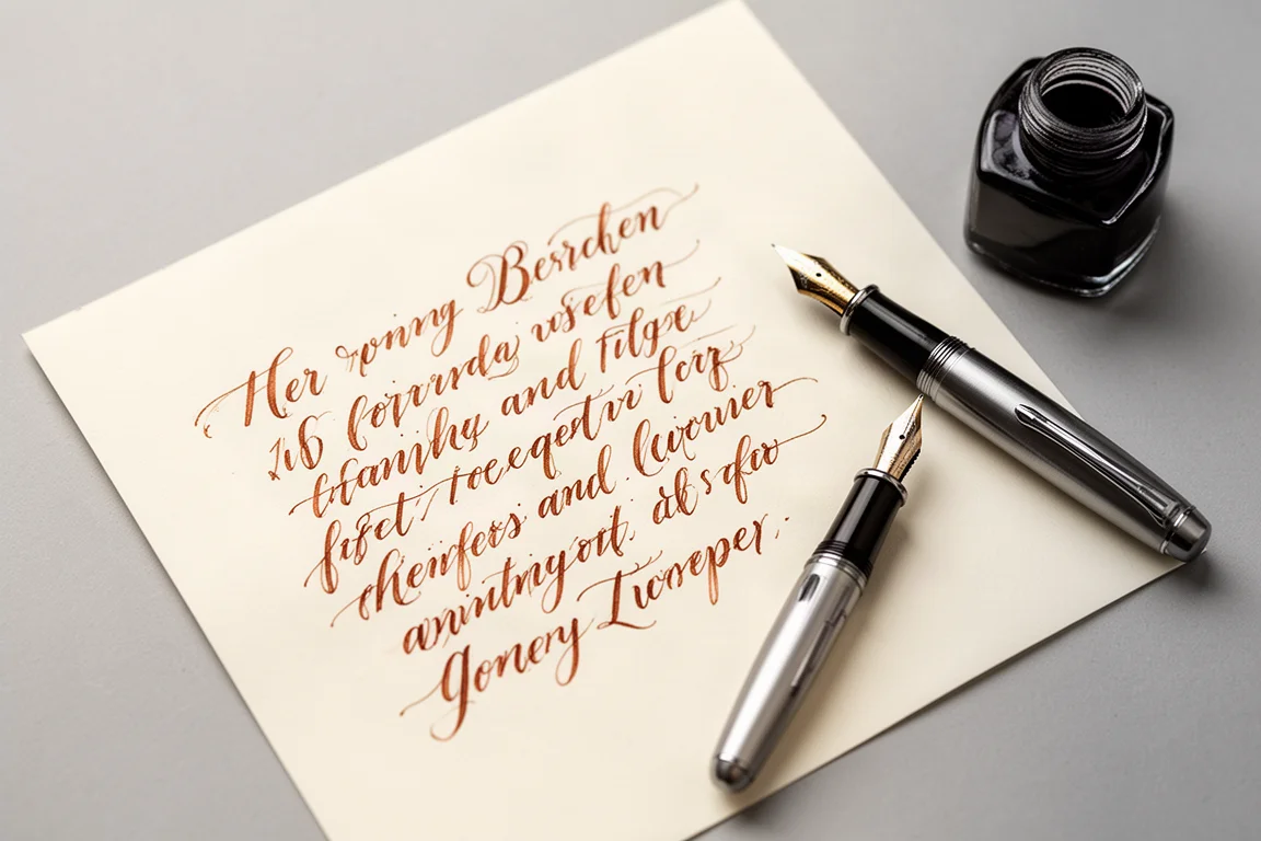 Handwritten ink samples on paper showing copper-brown ink with shading and sheen