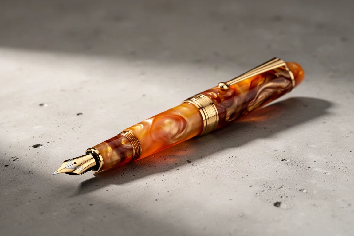 Limited edition fountain pen with orange and gold pearlescent resin and gold trim on concrete