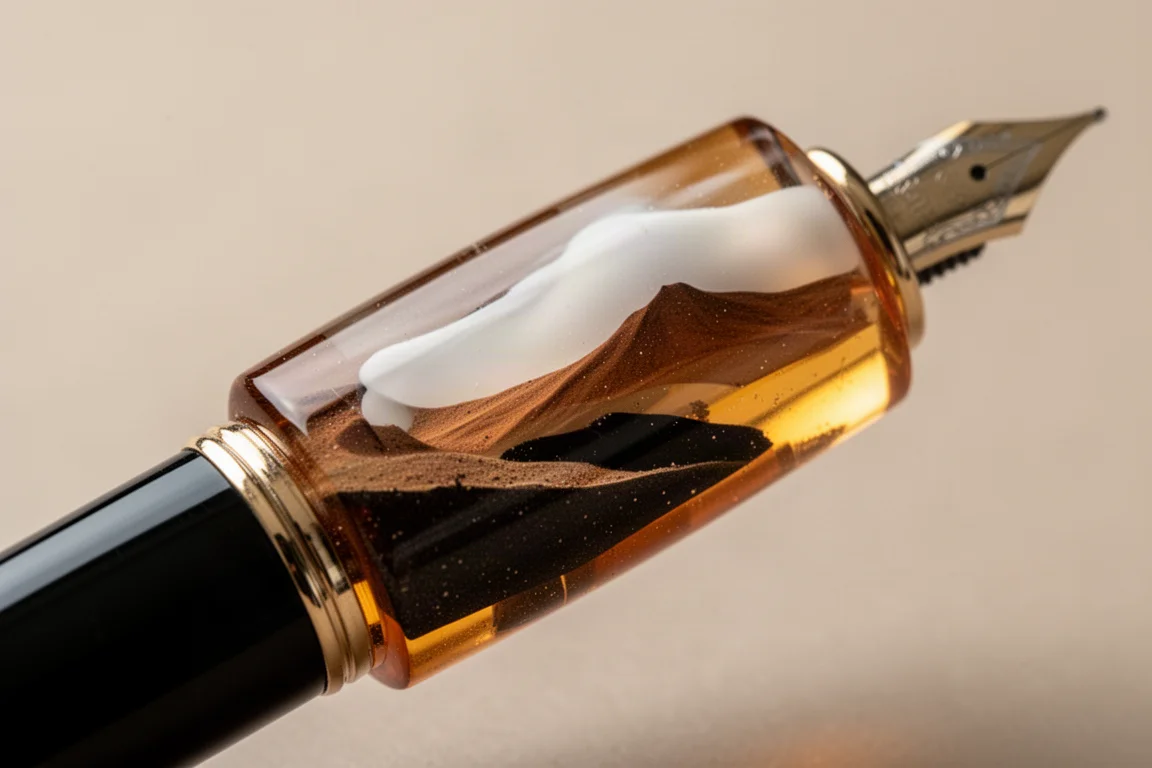 Tapa de pluma estilográfica de resina ámbar semitransparente con detalle de vetas tridimensionales