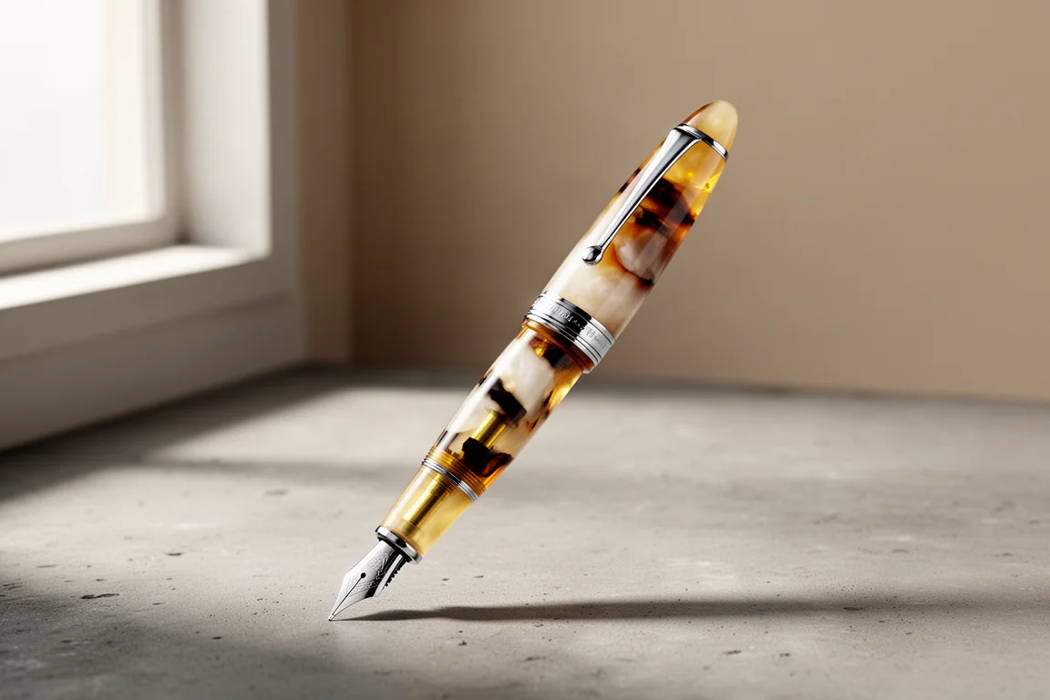 Amber resin Leonardo fountain pen with silver trim on a concrete surface