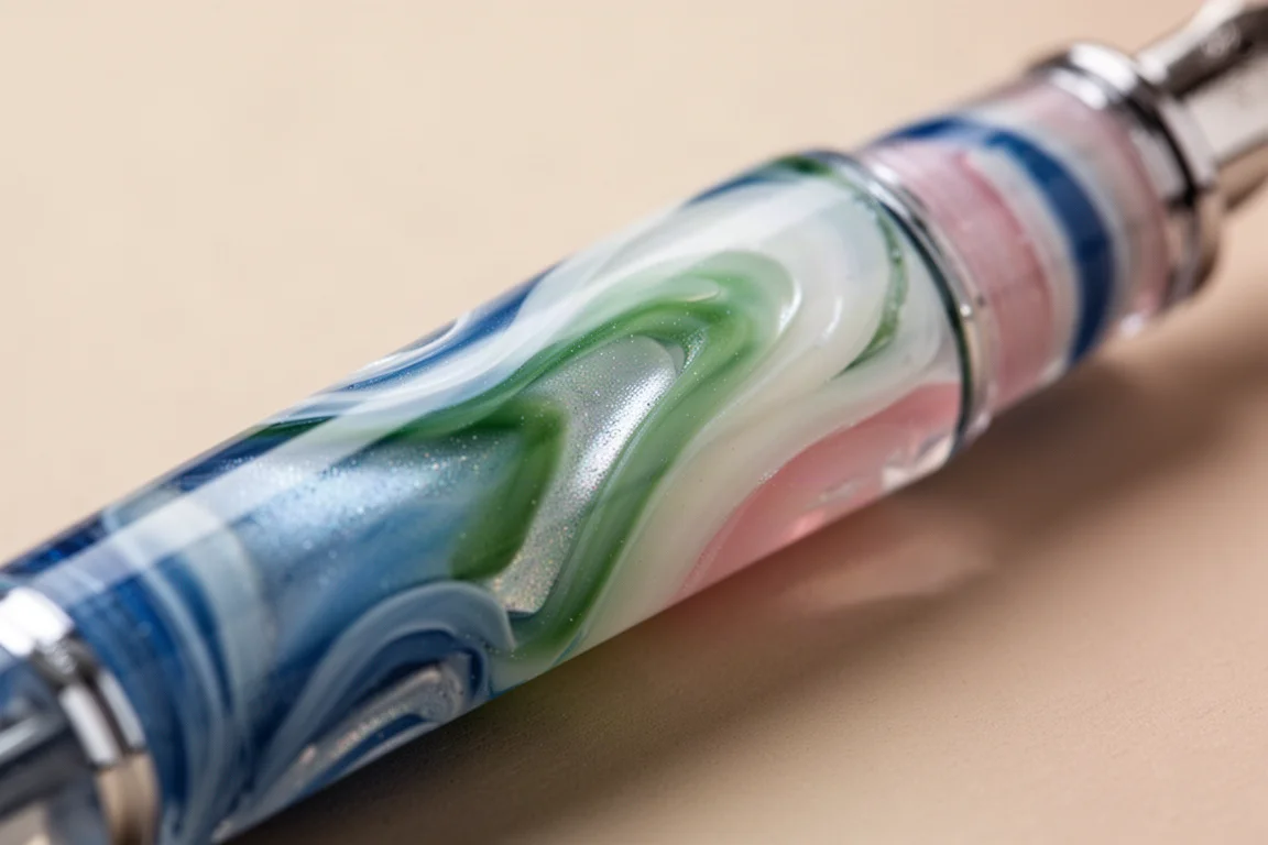 Gros plan sur la résine nacrée aux reflets bleus, verts et roses en spirale sur le corps du stylo-plume