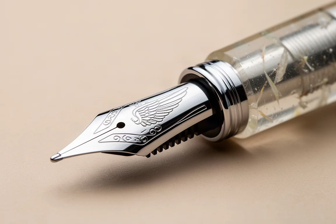 Plume en acier inoxydable de stylo-plume avec estampage ailé sur une surface neutre