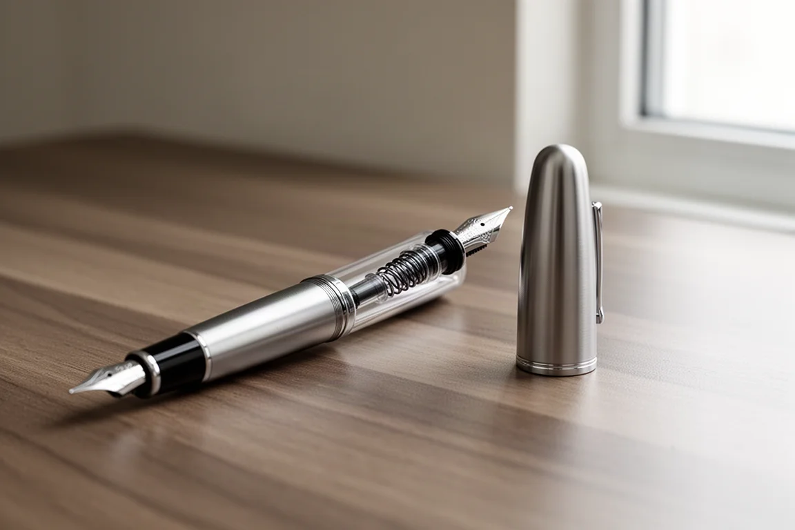 Une main dévissant le convertisseur d'un stylo-plume derrière un bouchon aveugle amovible
