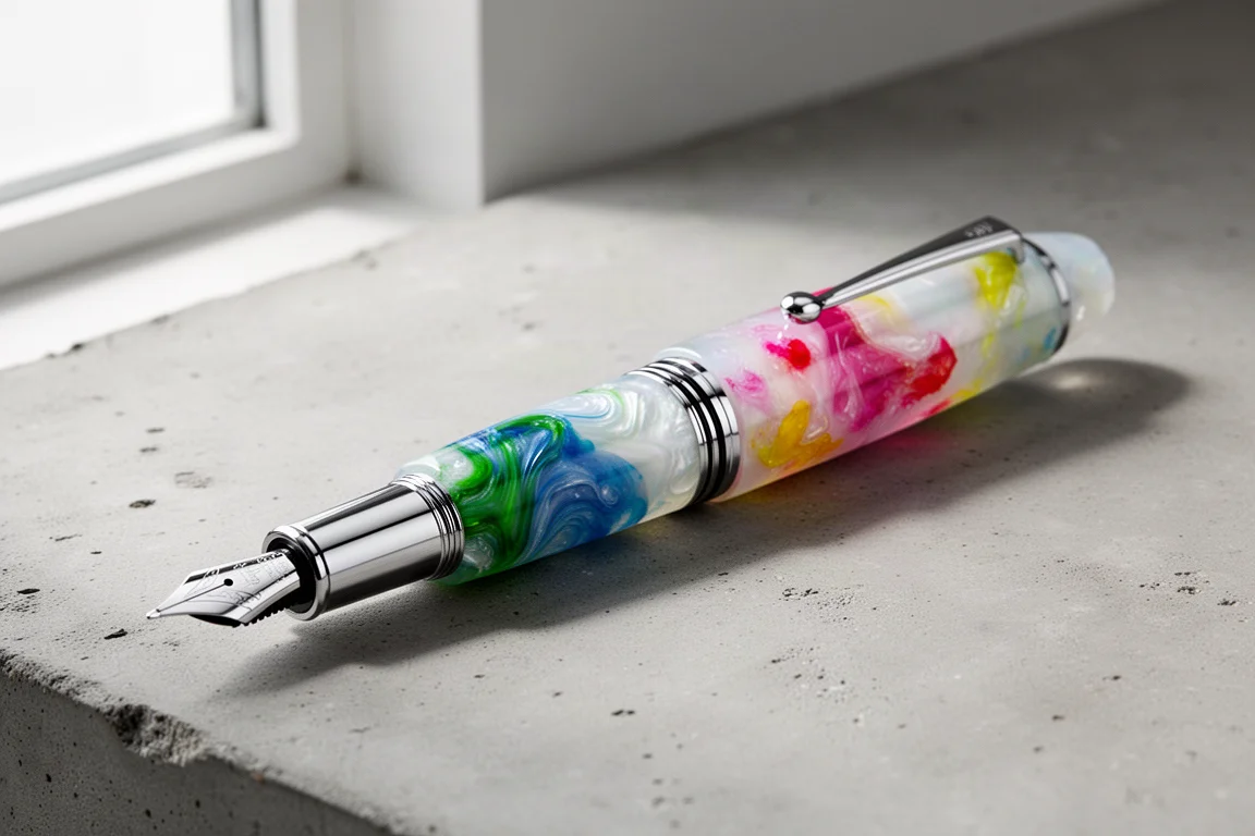 Pearlescent blue and green limited edition fountain pen on a matte concrete surface