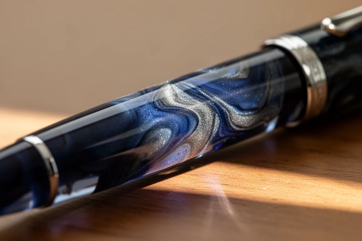 Fût de stylo plume marbré bleu profond attrapant la lumière du soleil, montrant des tons bleus superposés