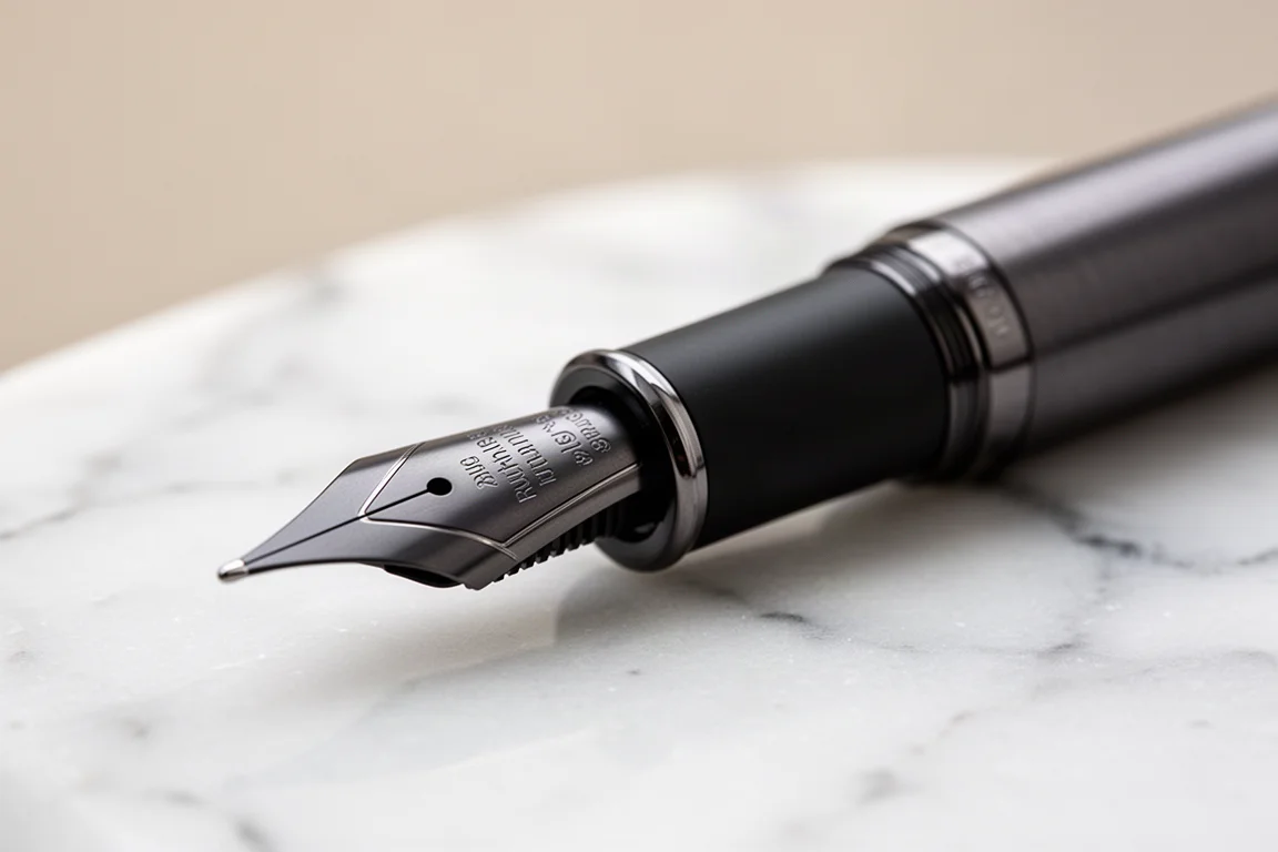 Garniture de stylo en metal gunmetal sombre et plume noire assortie sur une surface marbrée