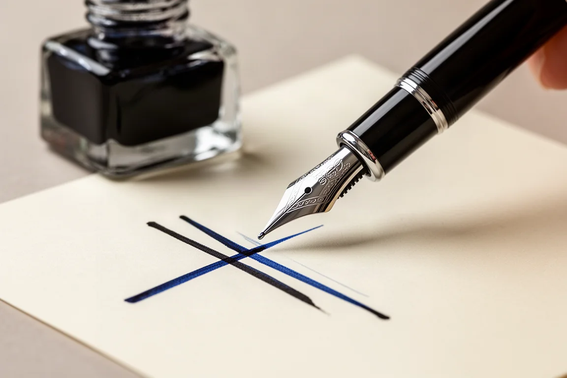 Plume de stylo plume écrivant sur du papier crème avec une encre bleu-noir