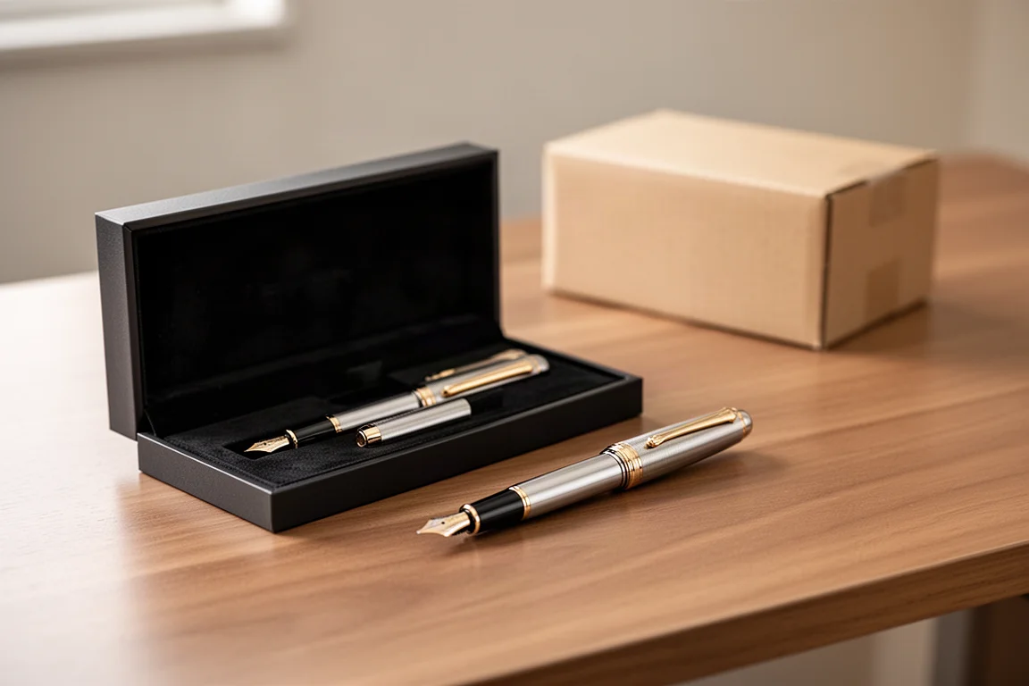 Stylo plume à côté de sa boîte de présentation sur un bureau avec des étiquettes d'expédition à proximité