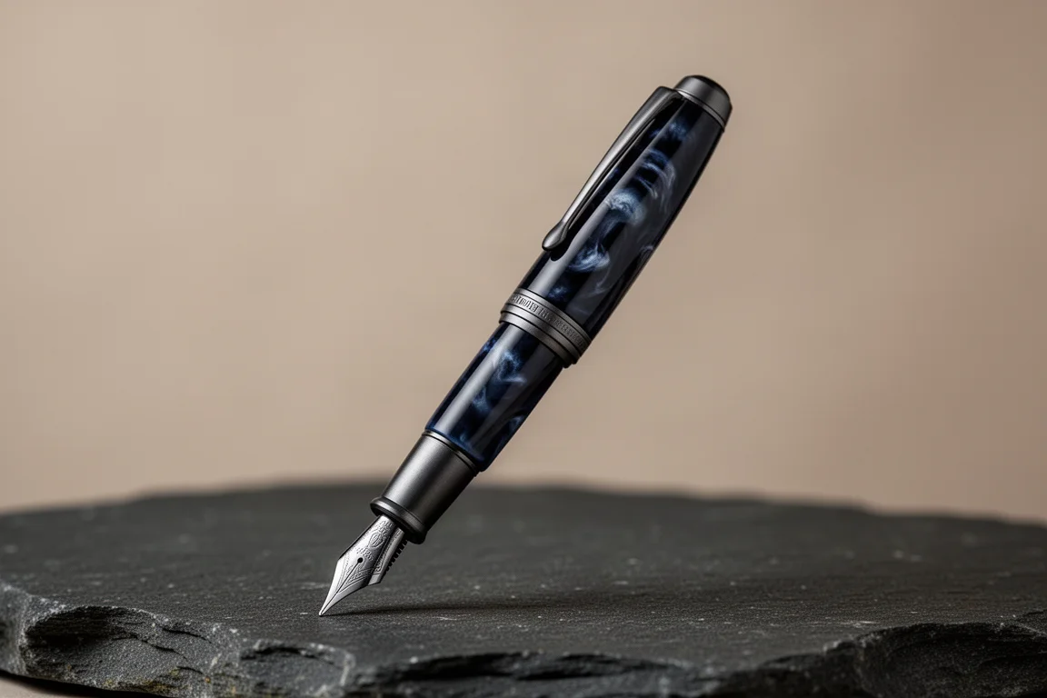 Penna stilografica marmorizzata blu profondo accanto alla sua scatola espositiva su una superficie di cemento
