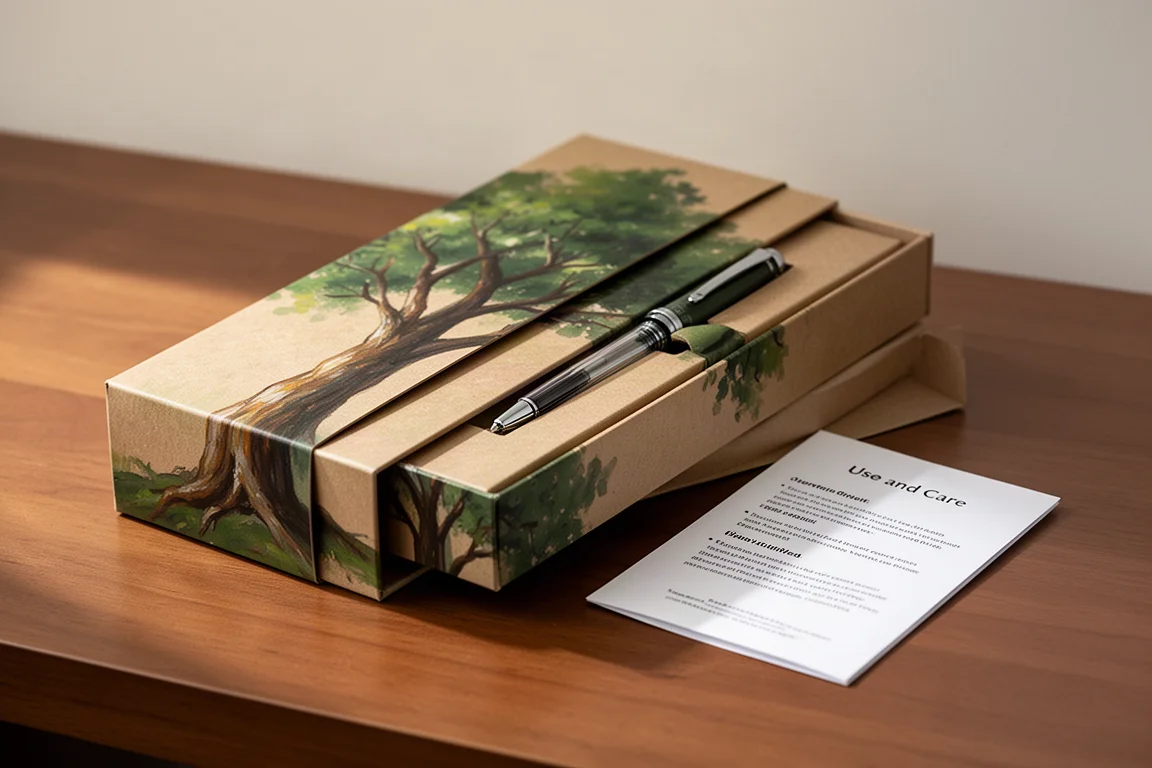 Caja de regalo de pluma estilográfica con funda y embalaje interior sobre un escritorio de madera