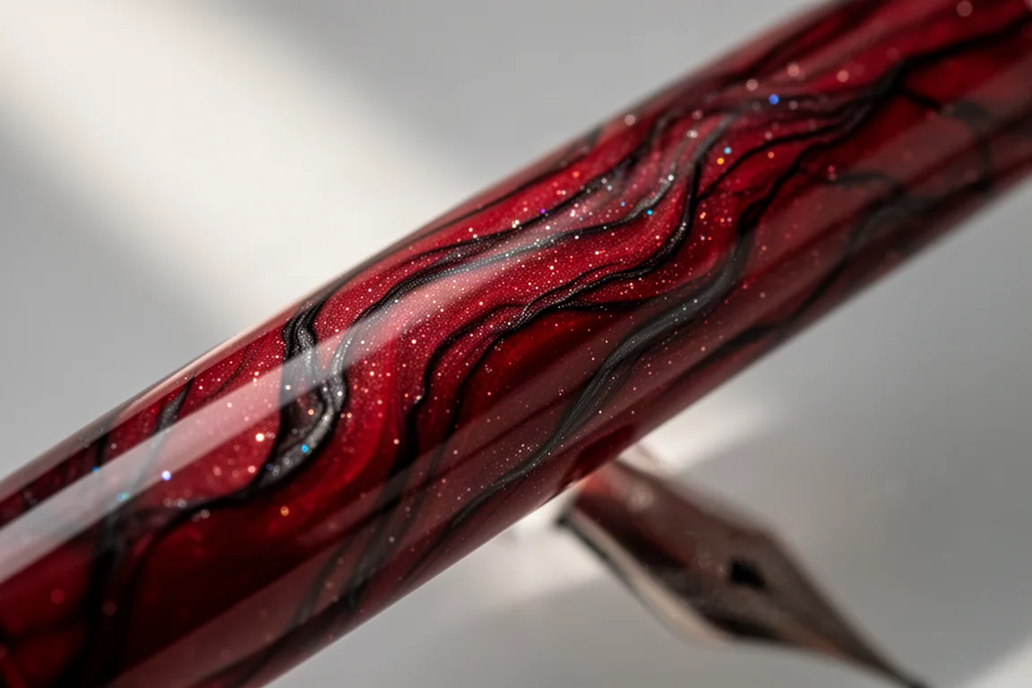 Sparkly deep red swirled resin of the pen shown in close-up detail