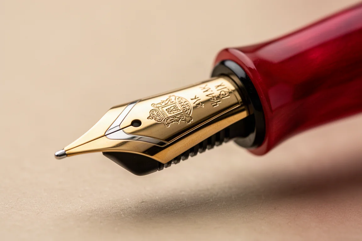 Fountain pen section and gold nib with ebonite feed shown in close-up