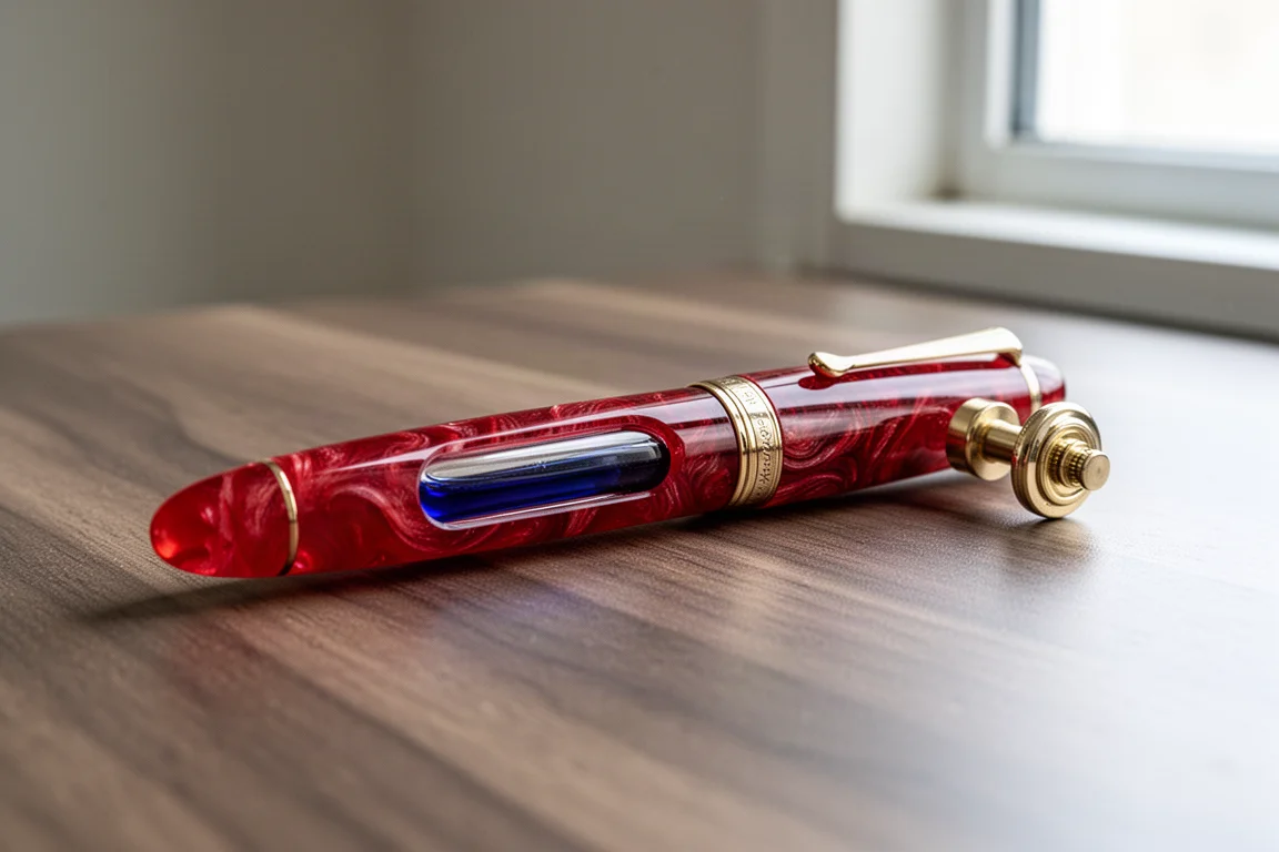 Fountain pen barrel with a visible ink window revealing blue ink inside
