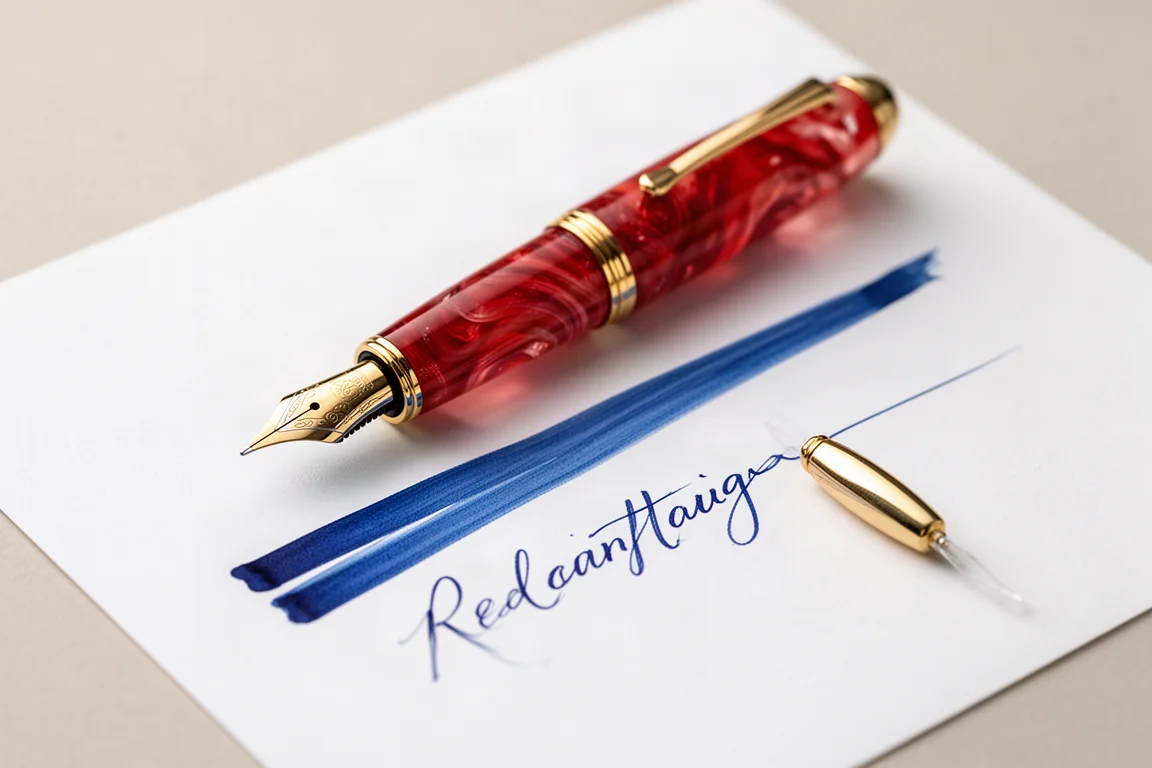 Fountain pen writing smooth blue ink lines on white paper