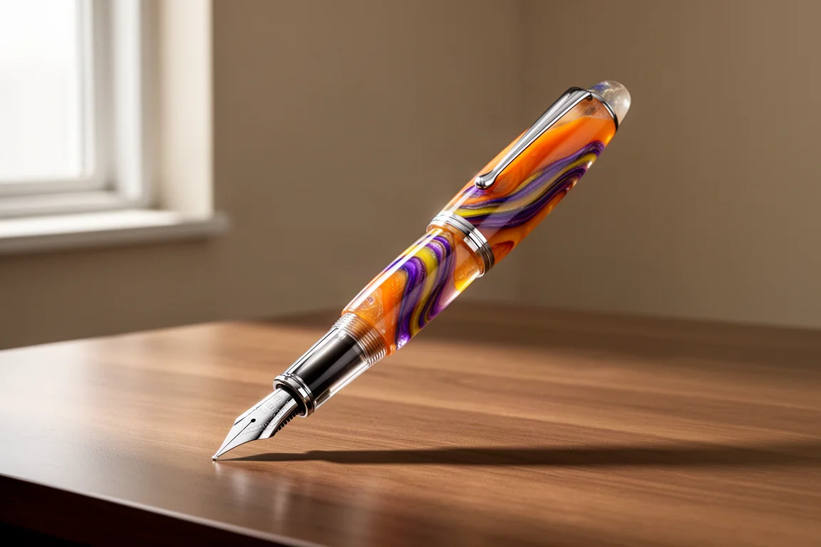 Leonardo Momento Zero Grande 2.0 fountain pen with multicolored resin barrel on a wooden desk