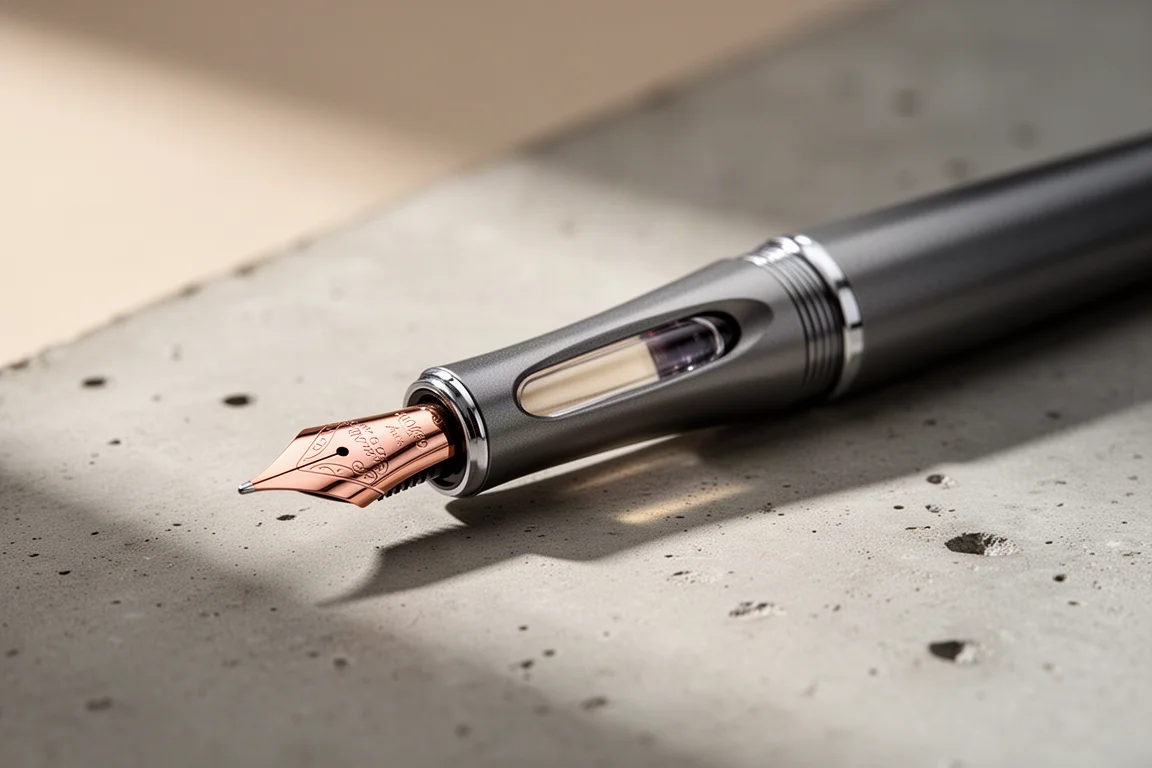 Stylo-plume ouvert montrant la section, la fenêtre d'encre et la plume en or