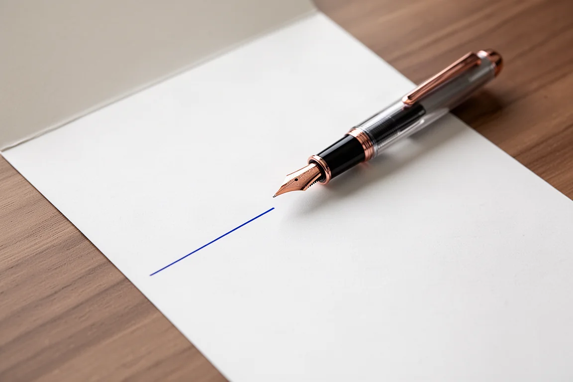 Plume de stylo-plume traçant un trait bleu fin sur du papier blanc