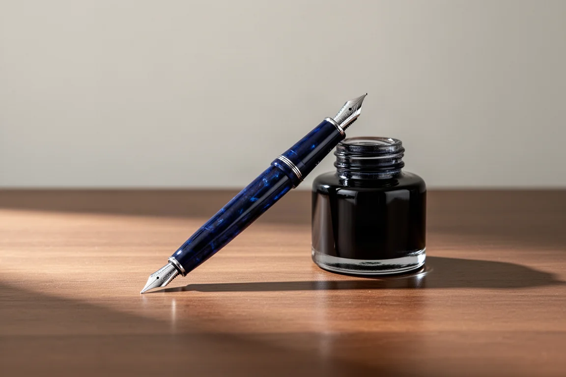 Stylo-plume posé à côté d'une bouteille d'encre bleue sur un bureau