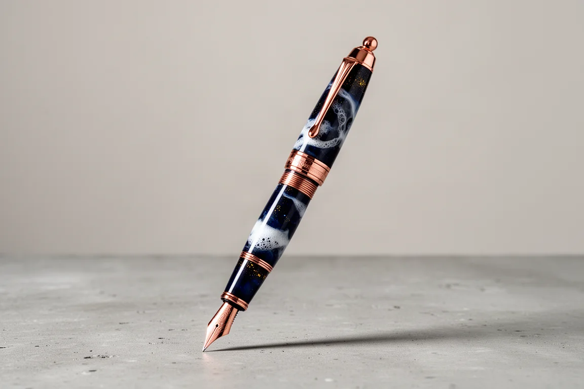 Penna stilografica in resina blu scuro con finiture in oro rosa appoggiata su una superficie di cemento