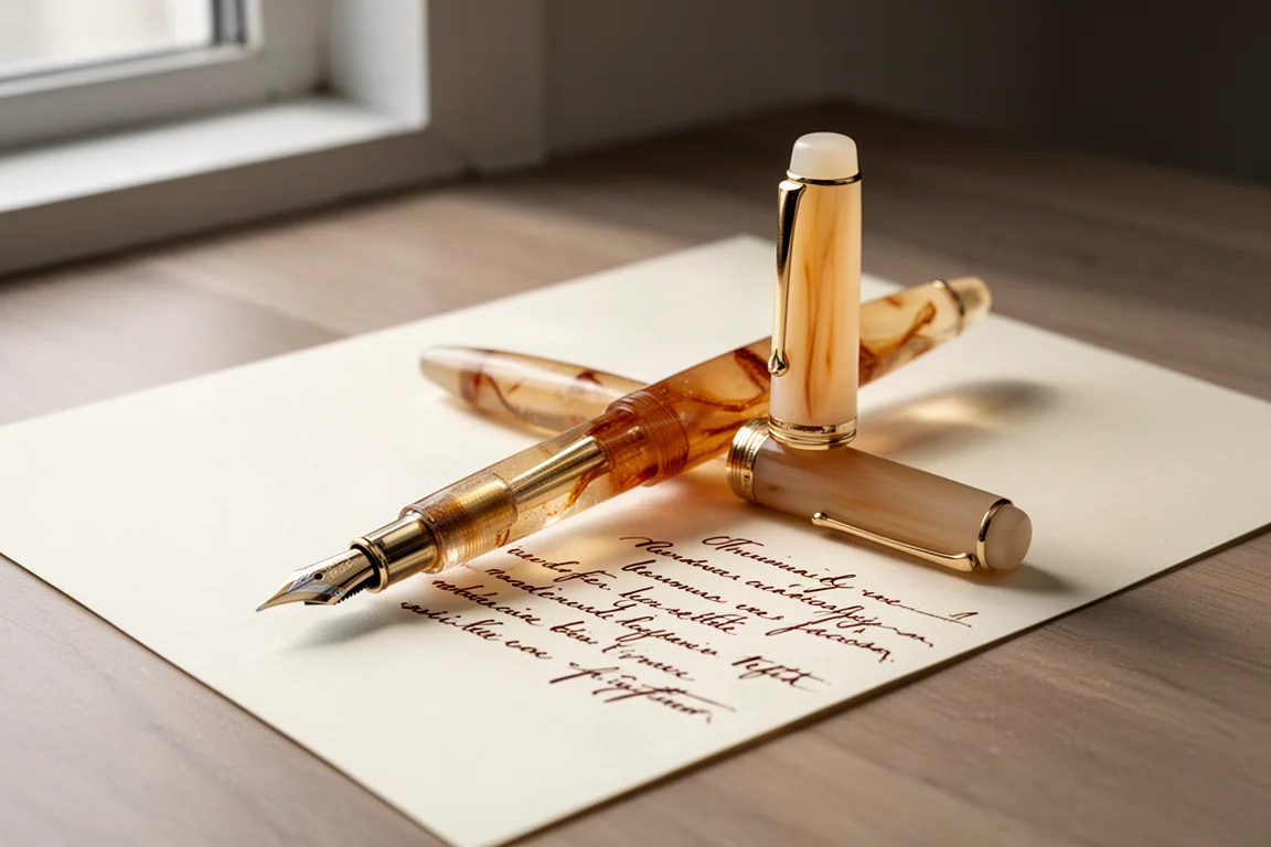 Vulpen achterop geplaatst op een bureau naast handgeschreven regels op crèmekleurig papier