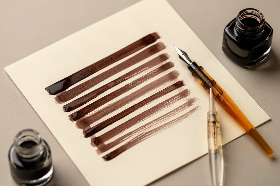 Schrijfproef met nat sepia-inkt die lijnvariatie toont van een brede veer