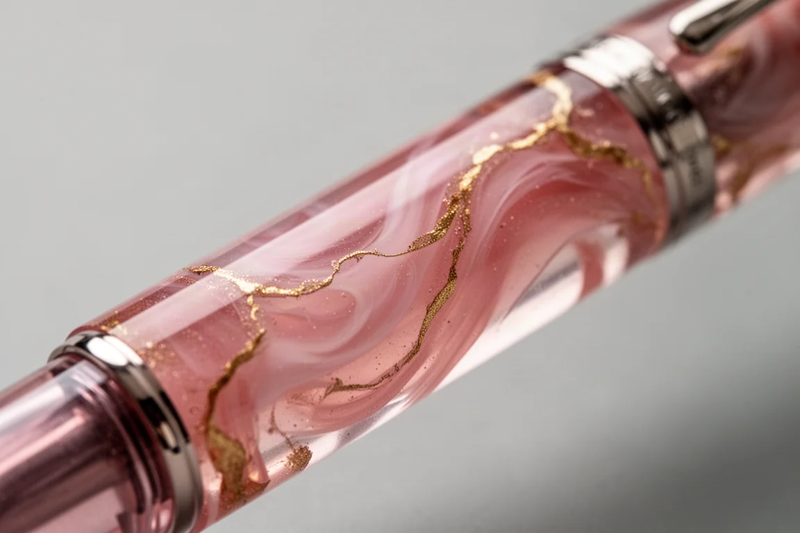 Primo piano dell'acrilico rosa variegato con venature dorate sul fusto della penna stilografica