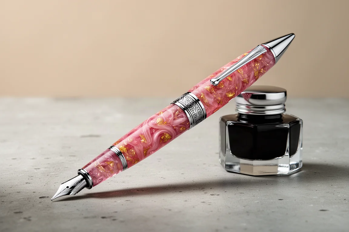Penna stilografica Leonardo Momento Zero Grande 2.0 Sugar Rush con acrilico rosa variegato accanto a un campione d'inchiostro