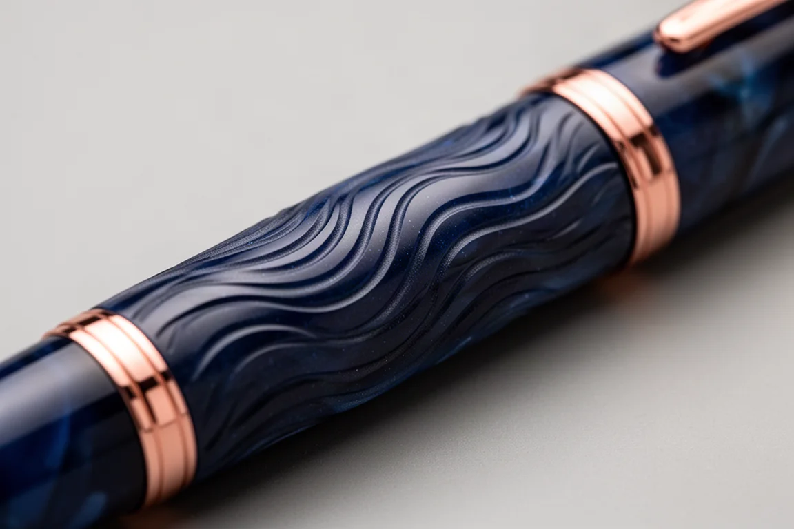 Primer plano de los grabados ondulados en el barril de un bolígrafo azul profundo con anillos de oro rosa