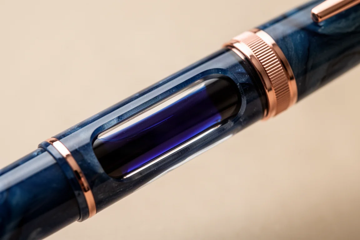 Barril de una pluma estilográfica con una gran ventana de tinta translúcida llena de tinta azul oscura