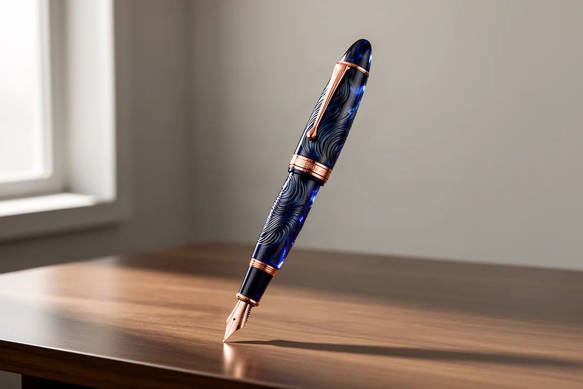 Deep blue engraved fountain pen with rose gold trim standing on a wooden desk