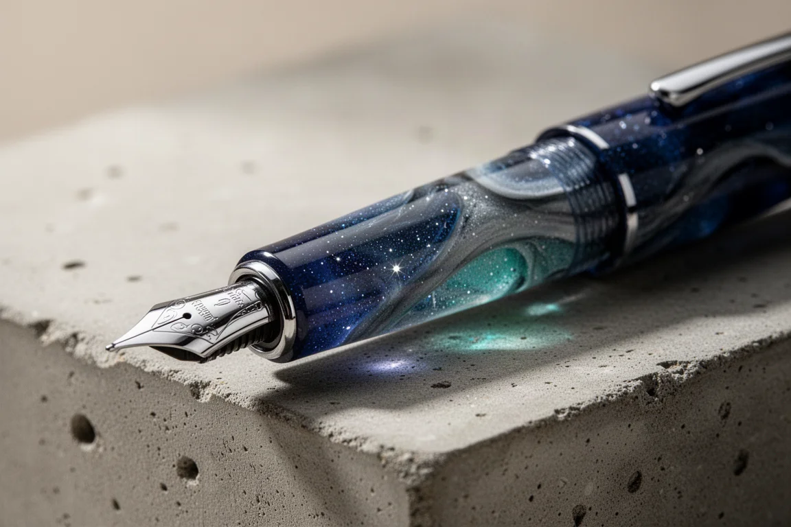 Material de resina azul profundo de una estilográfica mostrando destellos y variaciones de color a la luz del sol