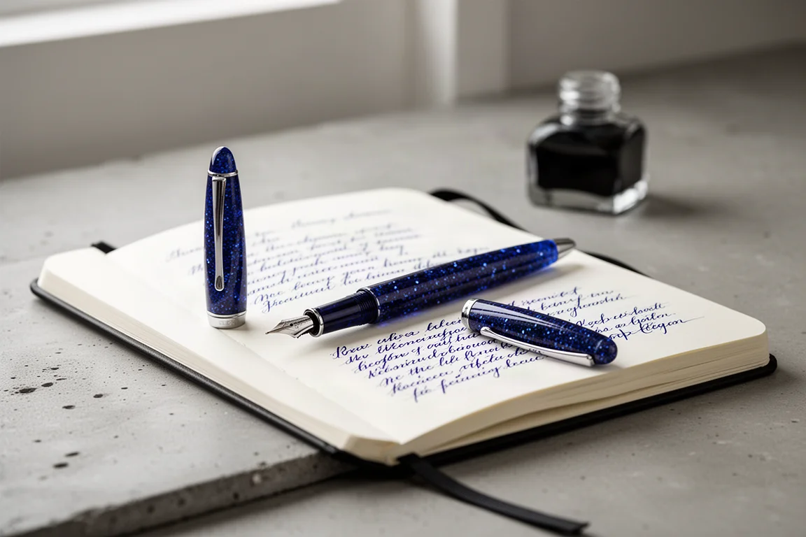 Pluma estilográfica apoyada sobre una página de cuaderno con una muestra escrita en tinta azul