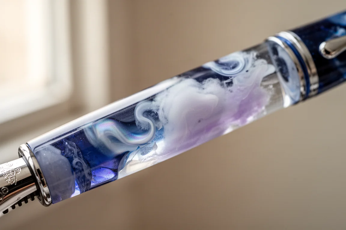 Resina bianca e blu con vortici e sfumature viola tenui sul barrel di una penna stilografica