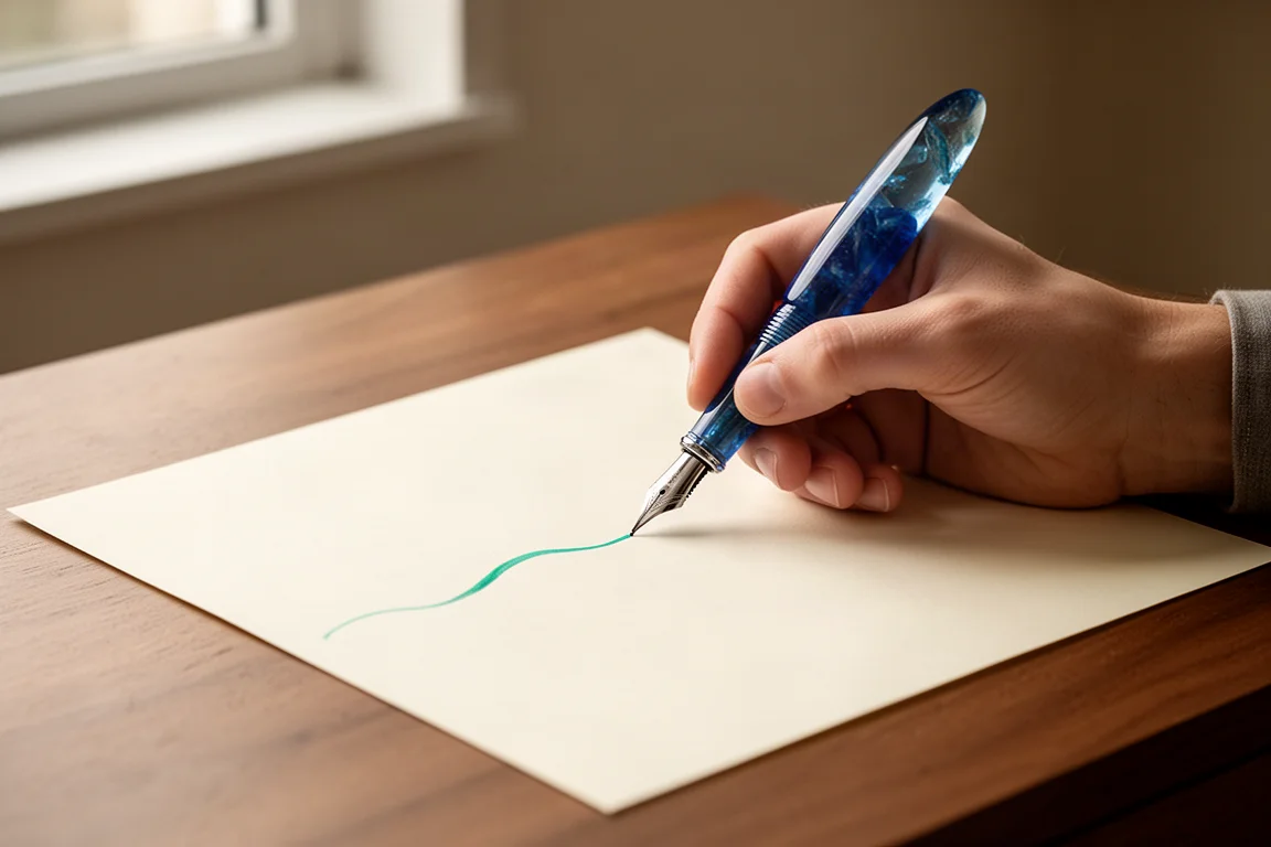 Mani che scrivono con una penna stilografica su carta liscia in luce soffusa