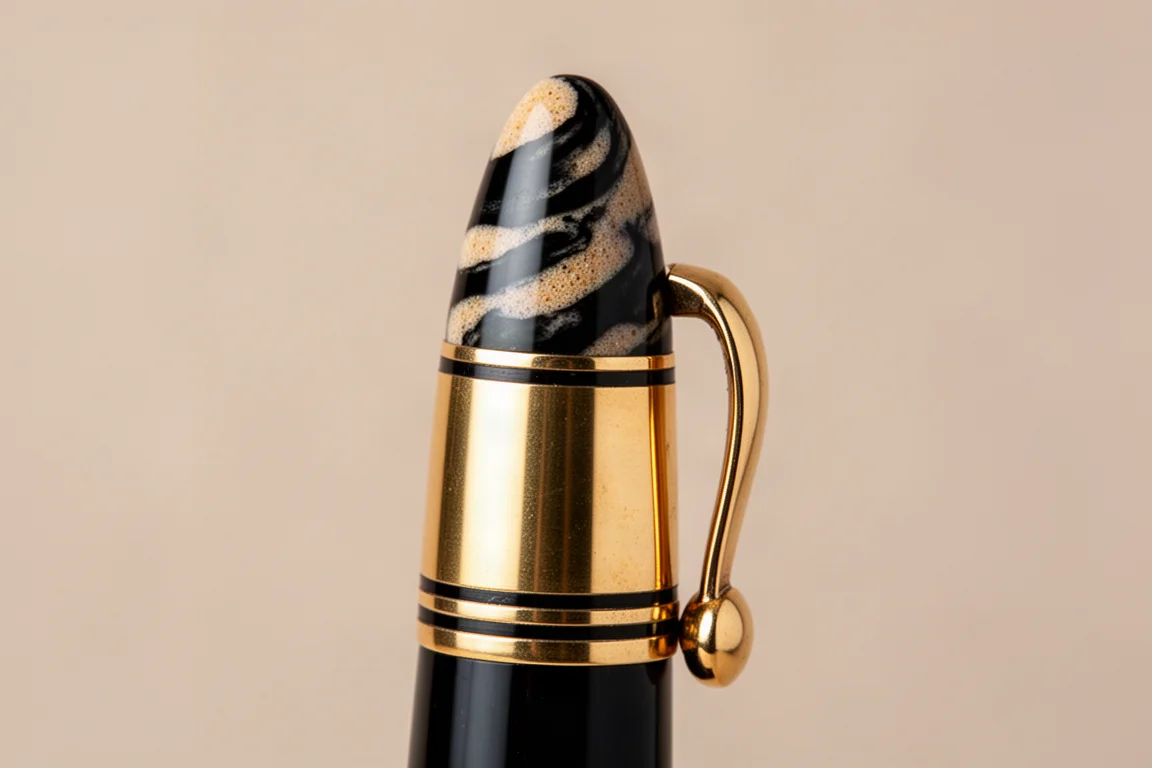 Kappenringe und Clip eines Füllhalters mit Goldbeschlägen am Ebonite-Korpus