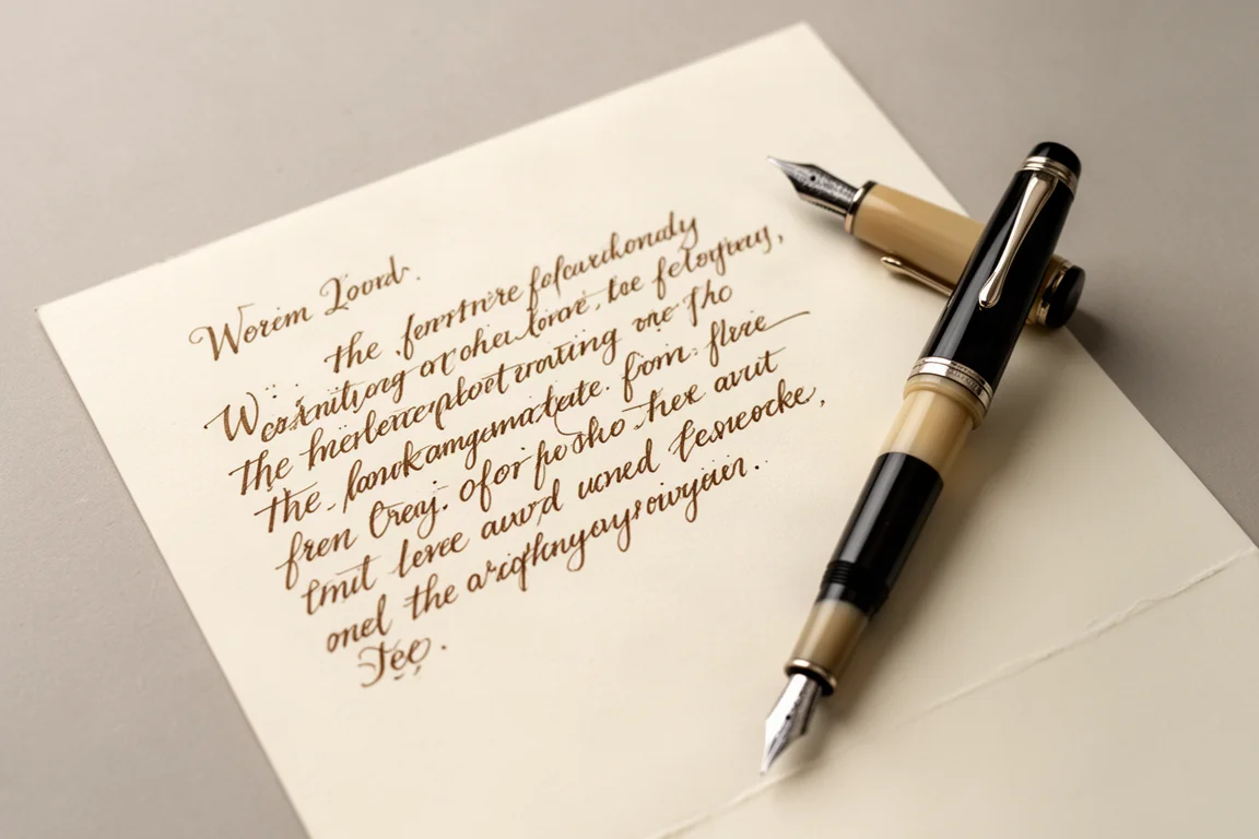 Schriftprobe eines Füllhalters auf cremefarbenem Papier mit dunkler sandfarbener Tinte