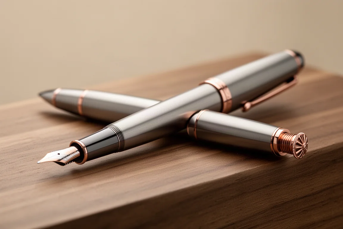 Close-up van een gouden vulpennib met uitsnijdingen en een ebonite-voeder