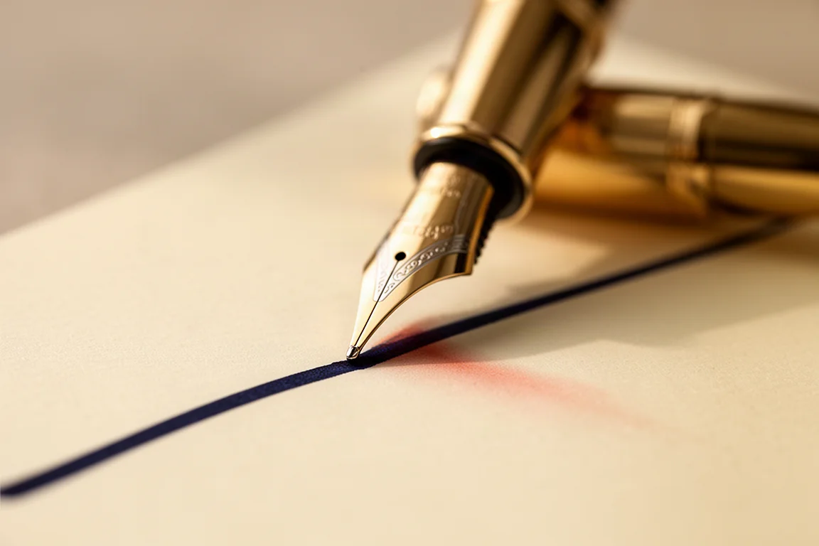 Hand die met een vulpen op wit papier schrijft, met zichtbaar gevarieerde lijnbreedtes