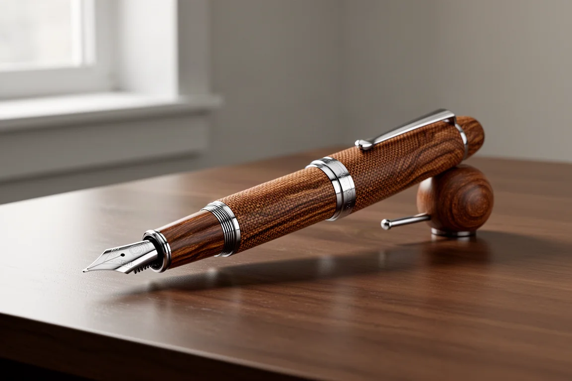 Leonardo Momento Zero Grande Micarta penna stilografica su una scrivania in legno spazzolato