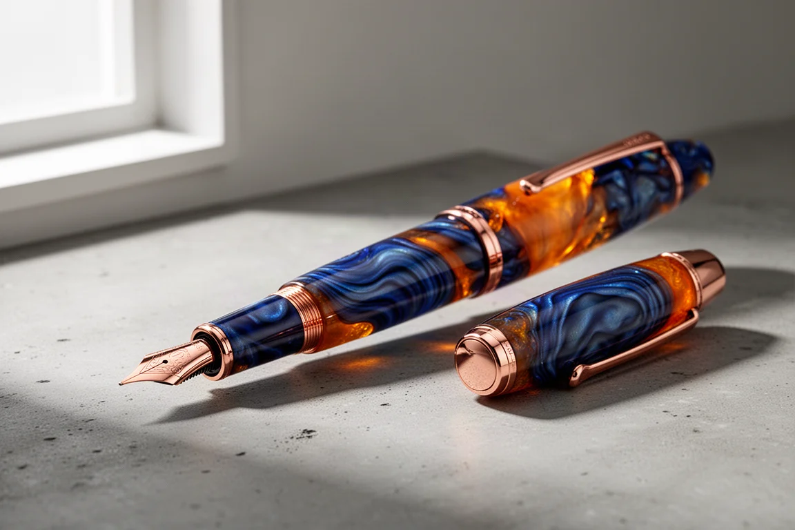 Blue and orange pearlescent fountain pen with rose gold trim on concrete surface