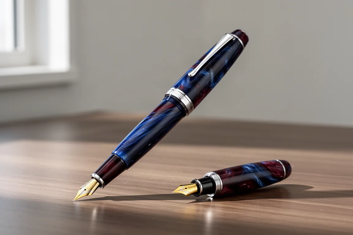 Leonardo Momento Zero Grande Pistone fountain pen in dark marbled resin on a wooden desk