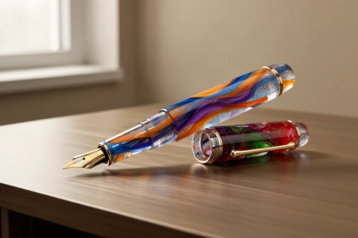 Pennino stilografico in resina multicolore traslucida appoggiato su una scrivania di legno